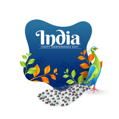 Stylish text India with peacock and saffron and green color leaves on blue background. Indian Independence Day celebration concept.