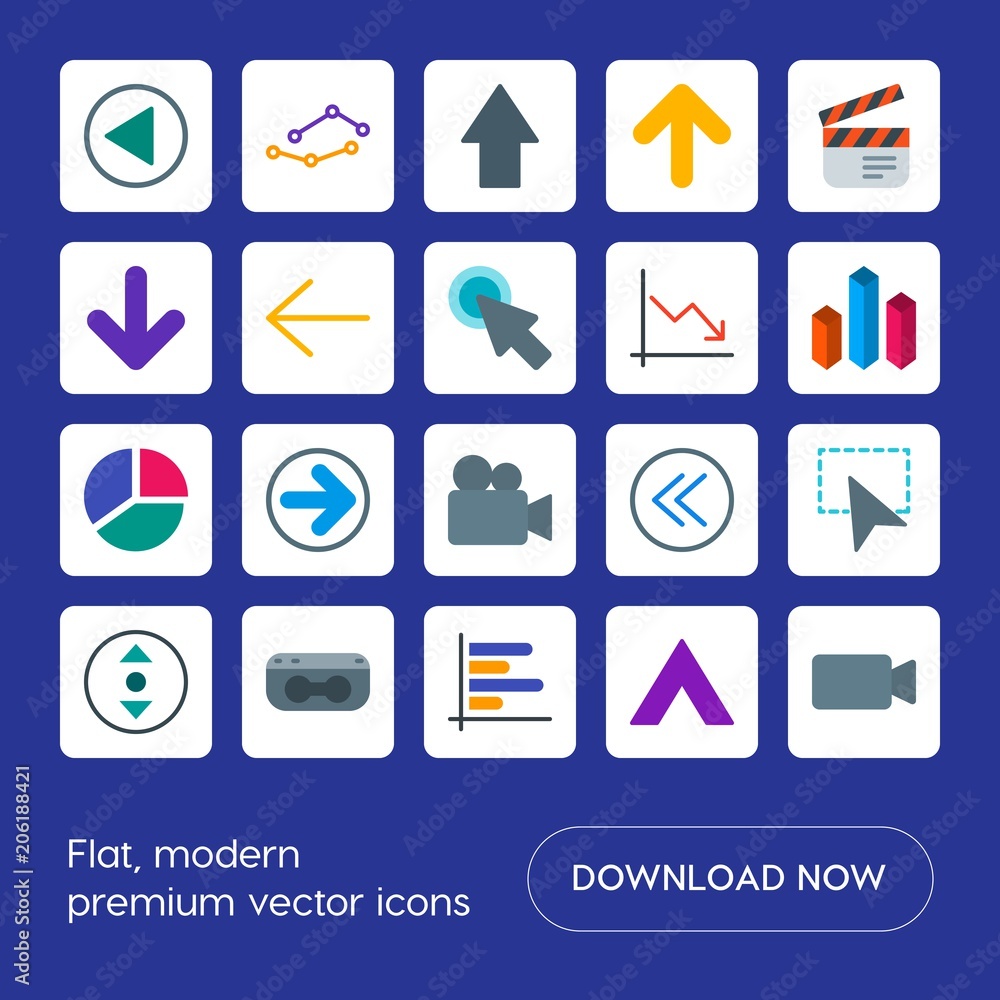 Poster modern simple set of arrows, charts, video, cursors vector flat icons. contains such icons as button