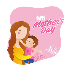Happy Mother's Day celebration concept with happy mom and her infant on pink and white background.