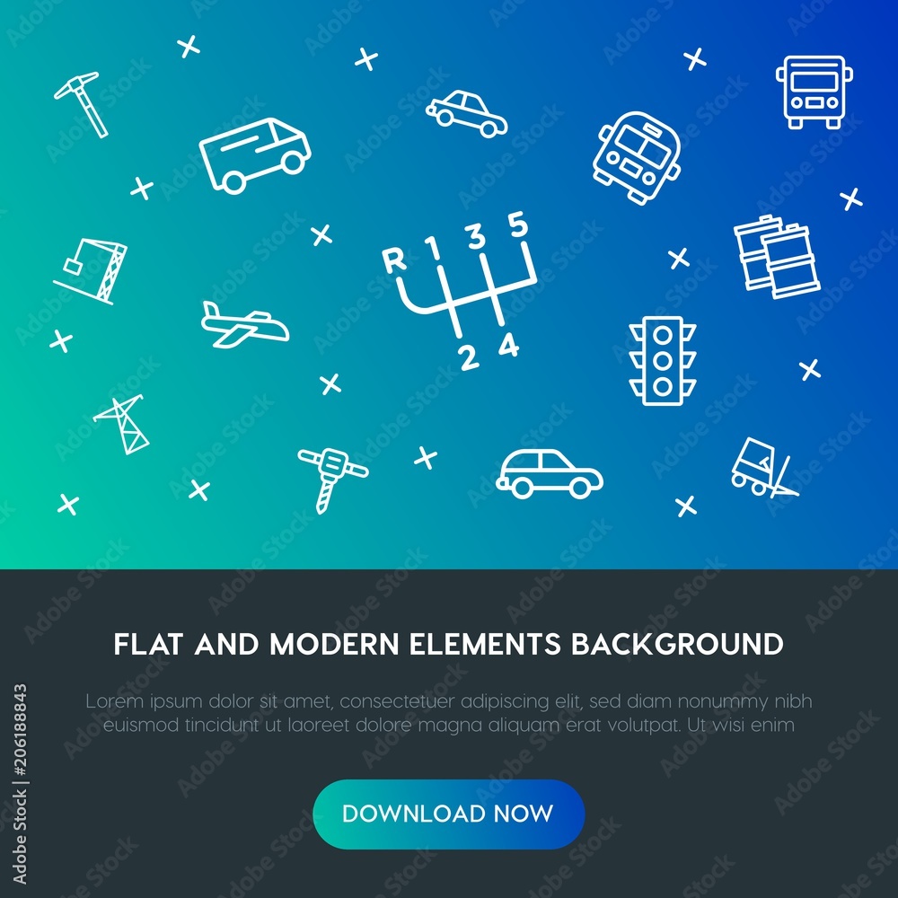 Poster transports, industry outline vector icons and elements background concept on gradient background.mul