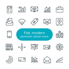 Modern Simple Set of business, charts, mobile, email Vector outline Icons. Contains such Icons as  case, portfolio, percentage,  graphic and more on white background. Fully Editable. Pixel Perfect