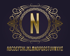Golden monogram template in round patterned frame with vintage alphabet.