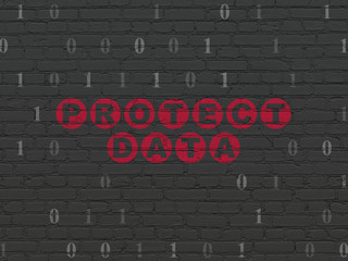 Privacy concept: Painted red text Protect Data on Black Brick wall background with Binary Code