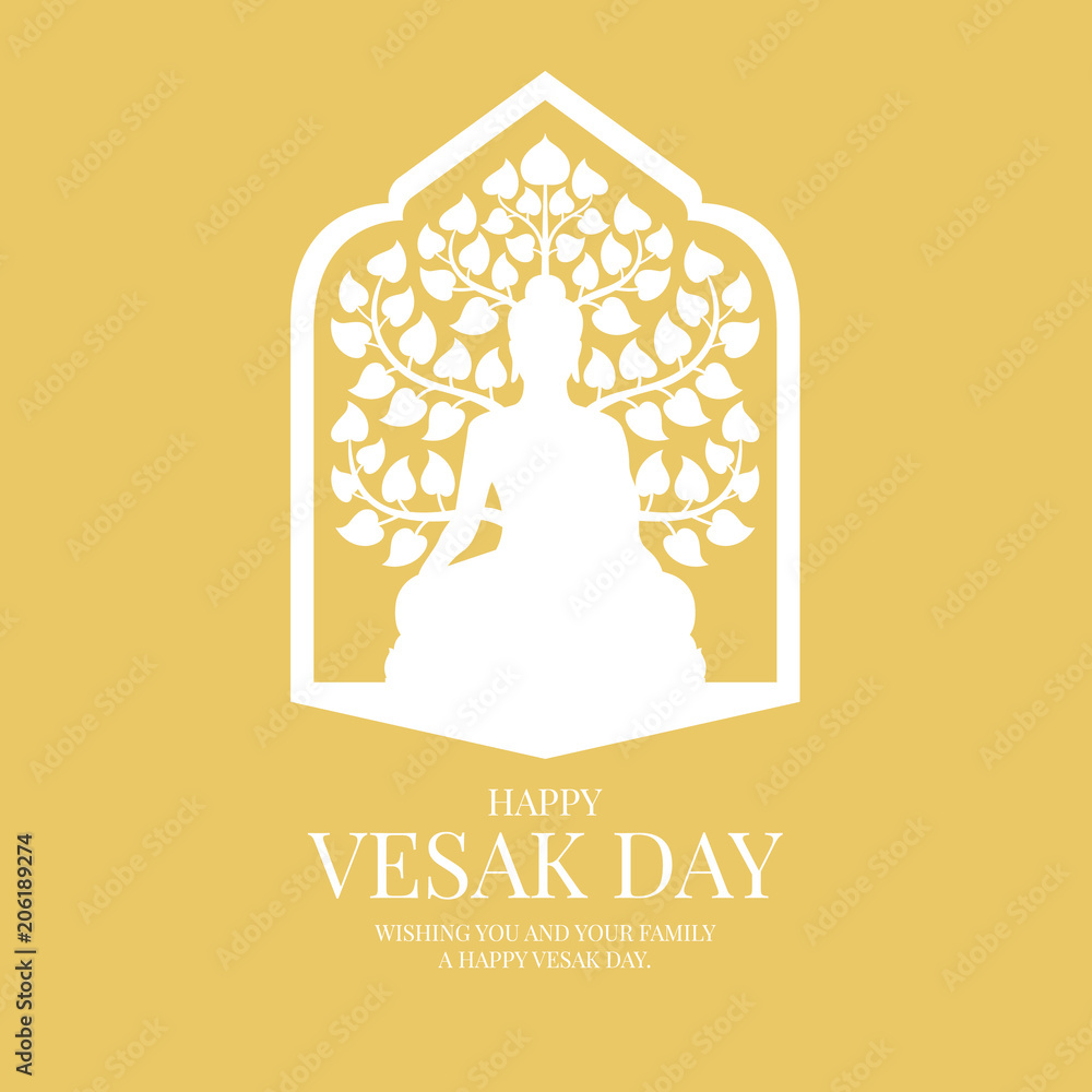Poster vesak day banner card with white buddha and bodhi tree sign in window frame on yellow background vec