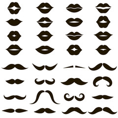 Set of black mustache and women s lips icons