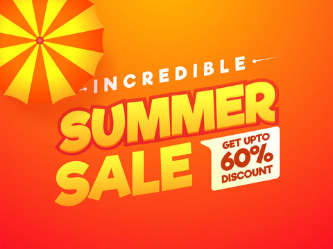 Incredible Summer Sale, poster, banner or flyer design with stylish text Umbrella and 60% off offers.
