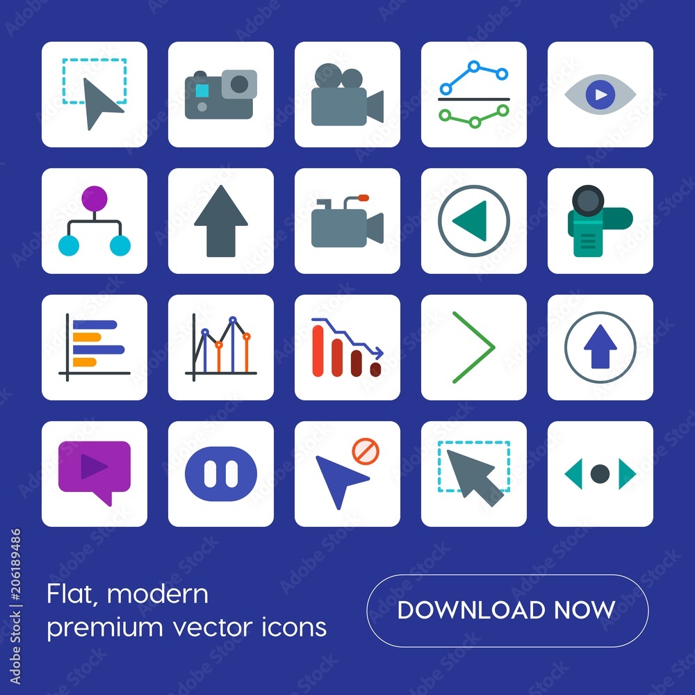 Poster modern simple set of arrows, charts, video, cursors vector flat icons. contains such icons as action