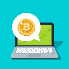 Bitcoit or crypto currency on the background of the growth graph on the laptop screen. Speech bubble wiht personal PC. Vector modern flat design isolated illustration.