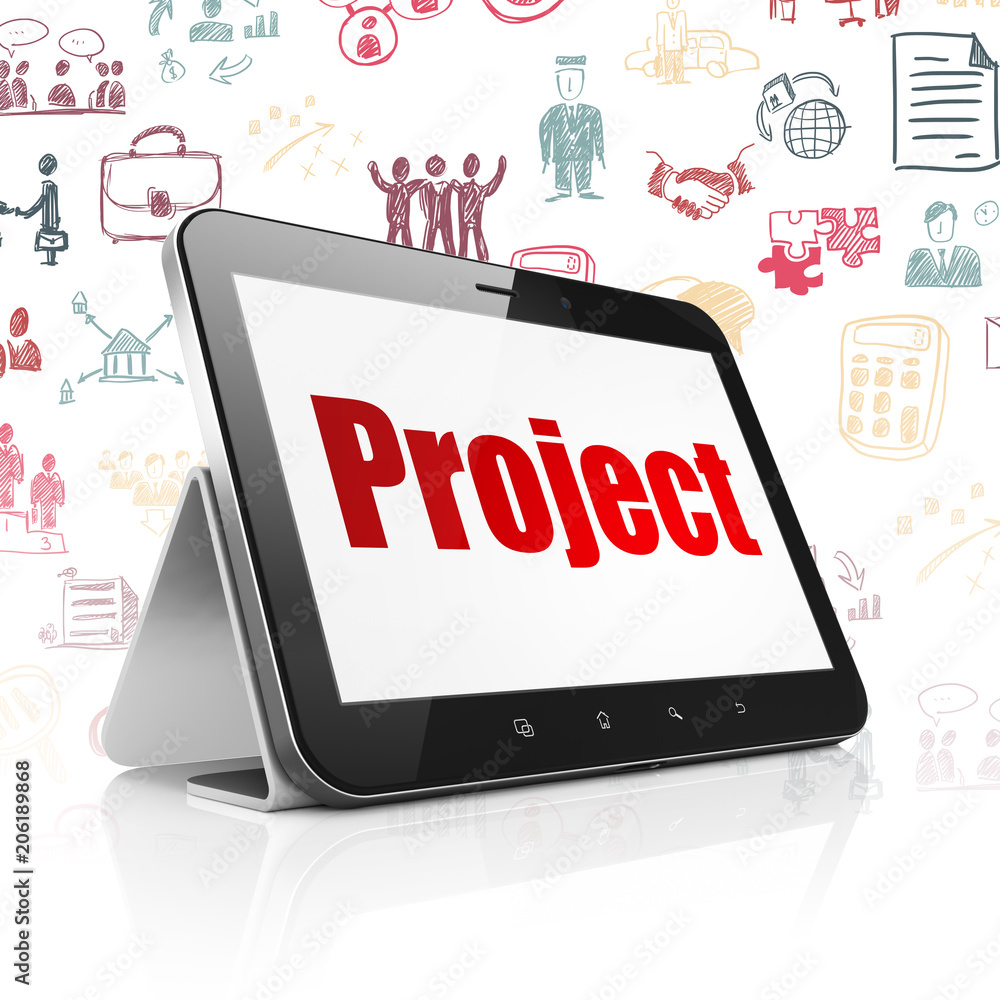 Poster business concept: tablet computer with red text project on display, hand drawn business icons backgr