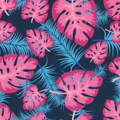 Vector seamless pattern with colorful tropical leaves. Cute bright and fun summer floral background in trendy blue pink style. Jungle leaf, exotic palm leaves. Vector illustration. © photoplotnikov