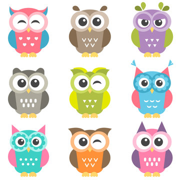 Set of colorful owls