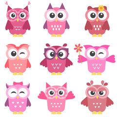 Fototapeta premium set of cute pink and red owls girls