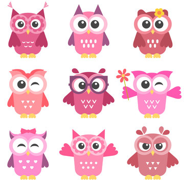 set of cute pink and red owls girls