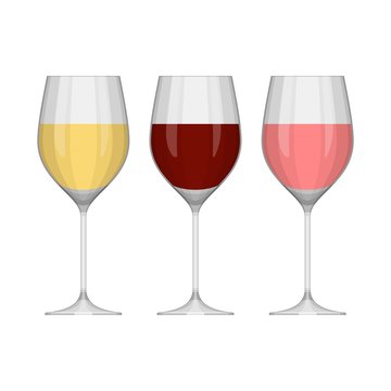 Set of different vector wine glasses isolated on white background. White, red and pink wine. Vector illustration