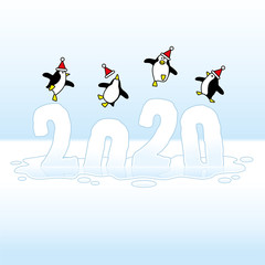 Obraz premium Santa Penguins Celebrating on Sinking Frozen Year 2020