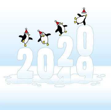 Partying Penguins Celebrating on Frozen Changing Year 2019-2020