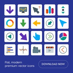 Modern Simple Set of arrows, charts, video, cursors Vector flat Icons. Contains such Icons as  graph,  presentation,  video,  data,  office and more on blue background. Fully Editable. Pixel Perfect