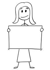 Cartoon stick man drawing conceptual illustration of woman or businesswoman holding empty or blank paper or sign.