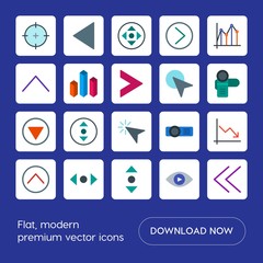 Modern Simple Set of arrows, charts, video, cursors Vector flat Icons. Contains such Icons as  circular, left, right,  next,  decrease,  left and more on blue background. Fully Editable. Pixel Perfect