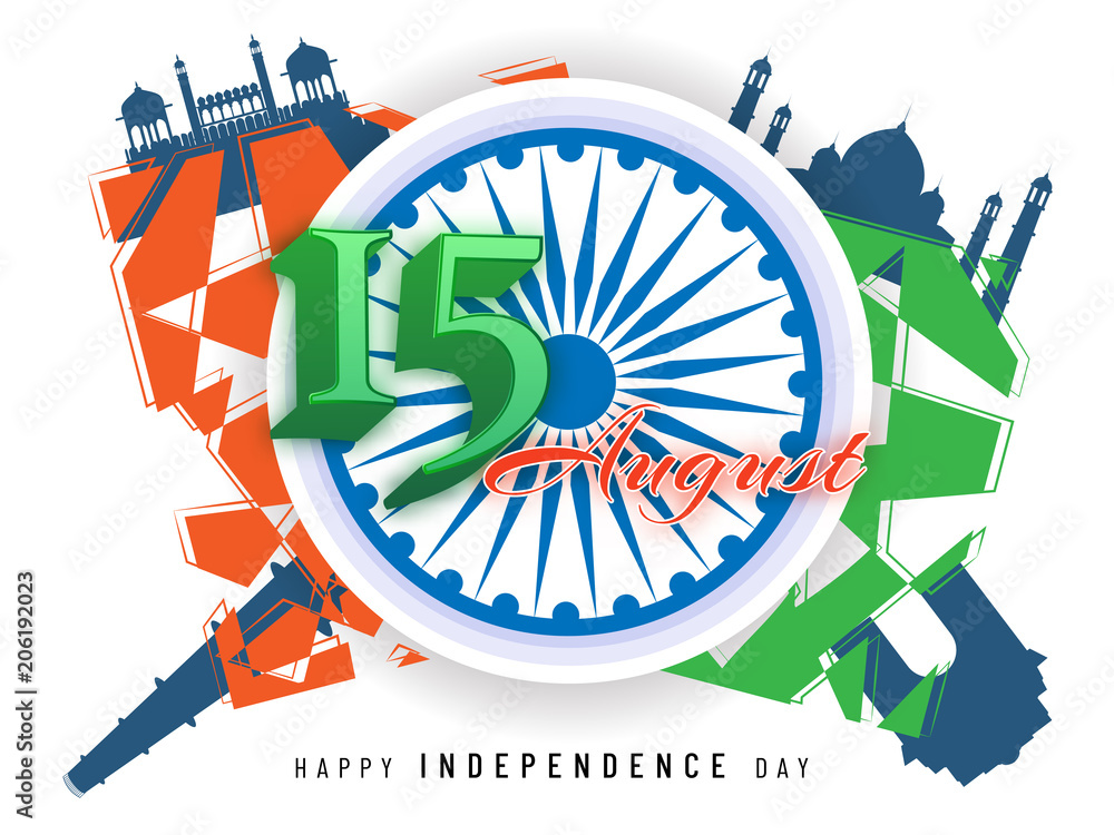 Wall mural Indian Independence Day celebration concept with famous monuments and stylish text.