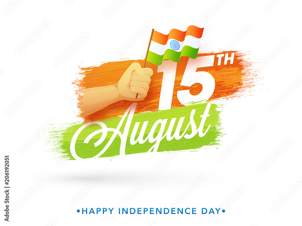 Poster human hand holding waving flag with text 15th august on saffron, green and white background.