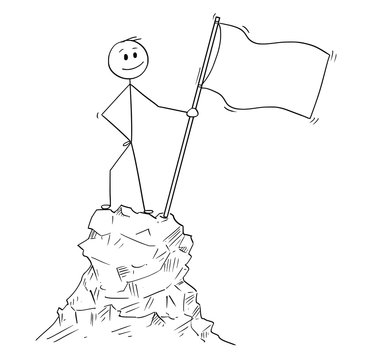 Cartoon stick man drawing conceptual illustration of businessman standing with flag on peak or top of the mountain. Business concept of success or achievement.