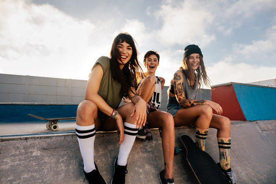 Group of female friends at skate park
