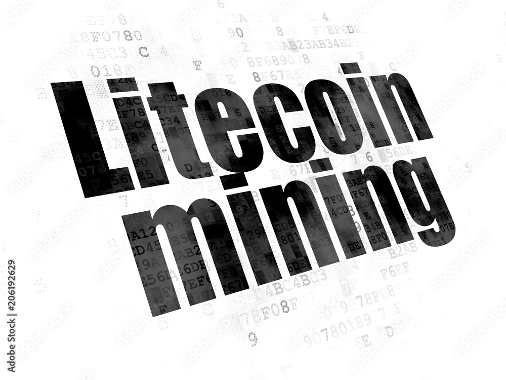 Poster blockchain concept: pixelated black text litecoin mining on digital background