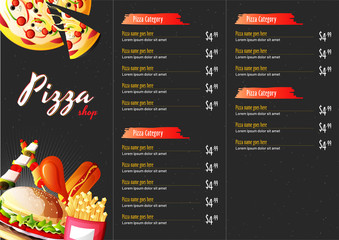 Pizza food menu for restaurant and cafe.