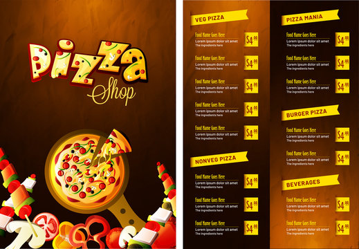 Pizza food menu for restaurant and cafe.