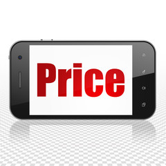 Marketing concept: Smartphone with  red text Price on display,  Tag Cloud background, 3D rendering