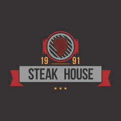 BBQ grill party. Barbecue set logo with grill, steak, knife, meat, wine and beer. Hot eat, Hot dog. Grill party.