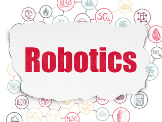 Science concept: Painted red text Robotics on Torn Paper background with Scheme Of Hand Drawn Science Icons