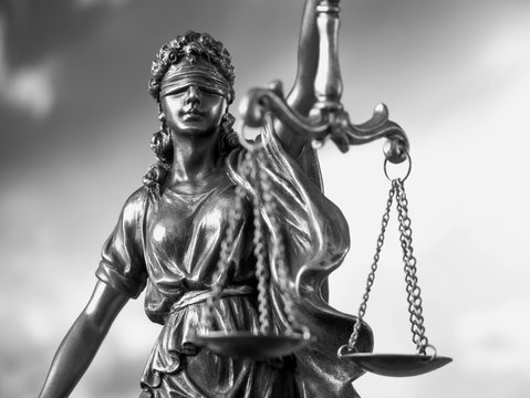 tue of justice. Law concept. Legal law, advice and justice concept. Statue of justice goddess. Black and white 
