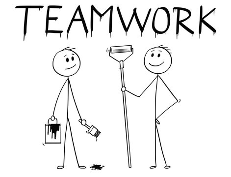 Cartoon Stick Man Drawing Conceptual Illustration Of Two Businessmen With Brush, Paint Can And Roller Painting Or Drawing The Word Teamwork.