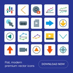 Modern Simple Set of arrows, charts, video, cursors Vector flat Icons. Contains such Icons as  video,  success,  retro,  old,  technology, up and more on blue background. Fully Editable. Pixel Perfect