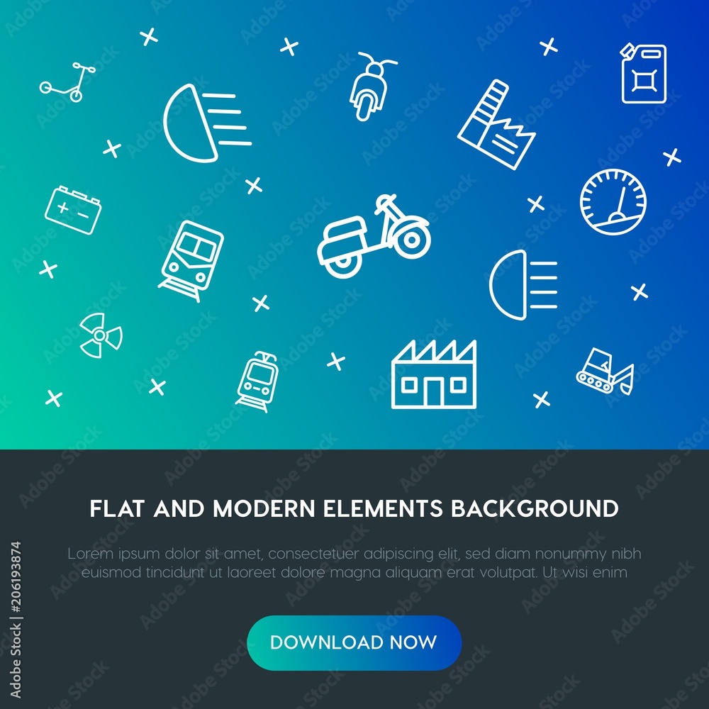 Poster transports, industry outline vector icons and elements background concept on gradient background.mul