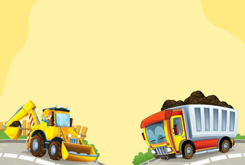 Naklejka premium Cartoon scene with industry vehicles - excavator and cargo truck - illustration for children