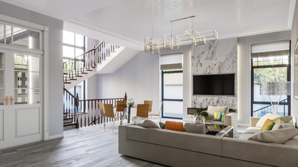 Modern bright living room in gray tones 3d Illustration