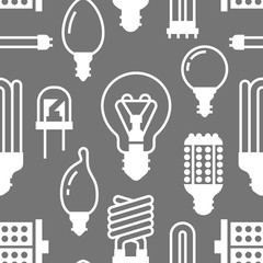 Light bulbs seamless pattern with flat glyph icons. Led lamps types, fluorescent, filament, halogen, diode and other illumination. Modern grey white background signs for electric store.