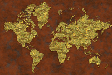 Cartina del mondo placcata d’oro, superfici d’orate. Planisfero mondiale appoggiato su un fondo arrugginito