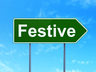Holiday concept: Festive on green road highway sign, clear blue sky background, 3D rendering