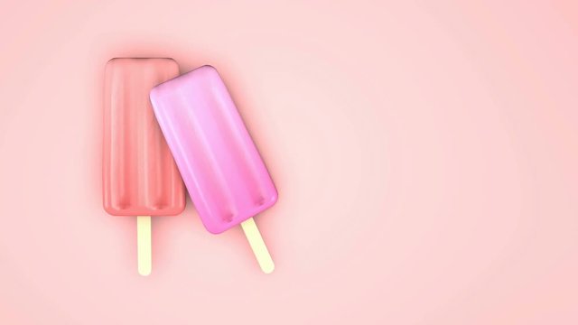 Pastel strawberry popsicles on pink background. Abstract 3D animation.