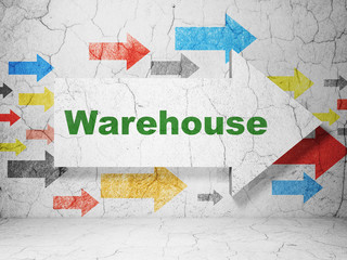 Industry concept:  arrow with Warehouse on grunge textured concrete wall background, 3D rendering