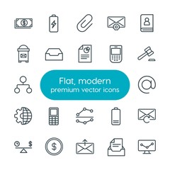 Modern Simple Set of business, charts, mobile, email Vector outline Icons. Contains such Icons as  mobile,  battery,  technology, usd, phone and more on white background. Fully Editable. Pixel Perfect