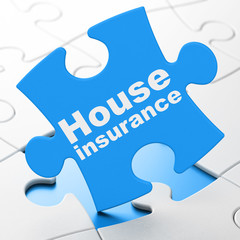 Insurance concept: House Insurance on Blue puzzle pieces background, 3D rendering