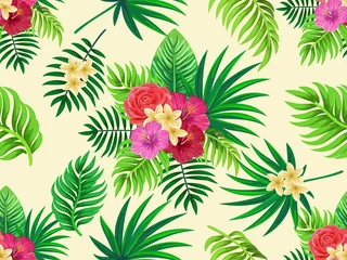 Türaufkleber Vector seamless tropical pattern with palm leaves and flowers on light yellow background. Colourful floral illustration for textile, print, wallpapers, wrapping. © Irina