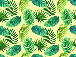Fototapeta na wymiar Vector seamless tropical pattern with palm leaves on yellow background. Colourful floral illustration for textile, print, wallpapers, wrapping.