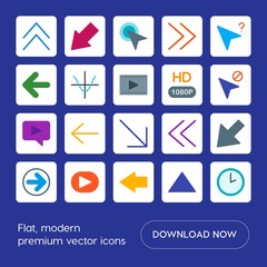 Modern Simple Set of arrows, charts, video, cursors Vector flat Icons. Contains such Icons as  game,  hand,  film,  play,  people, right,  up and more on blue background. Fully Editable. Pixel Perfect