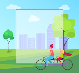 Mother Daughter Riding Bicycle in City Park Vector